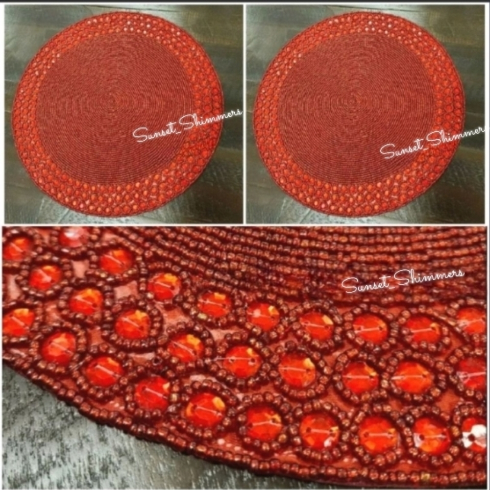 4 TAHARI Vampire Red Jeweled Glass Beaded Charger Placemats 15” Round NEW
